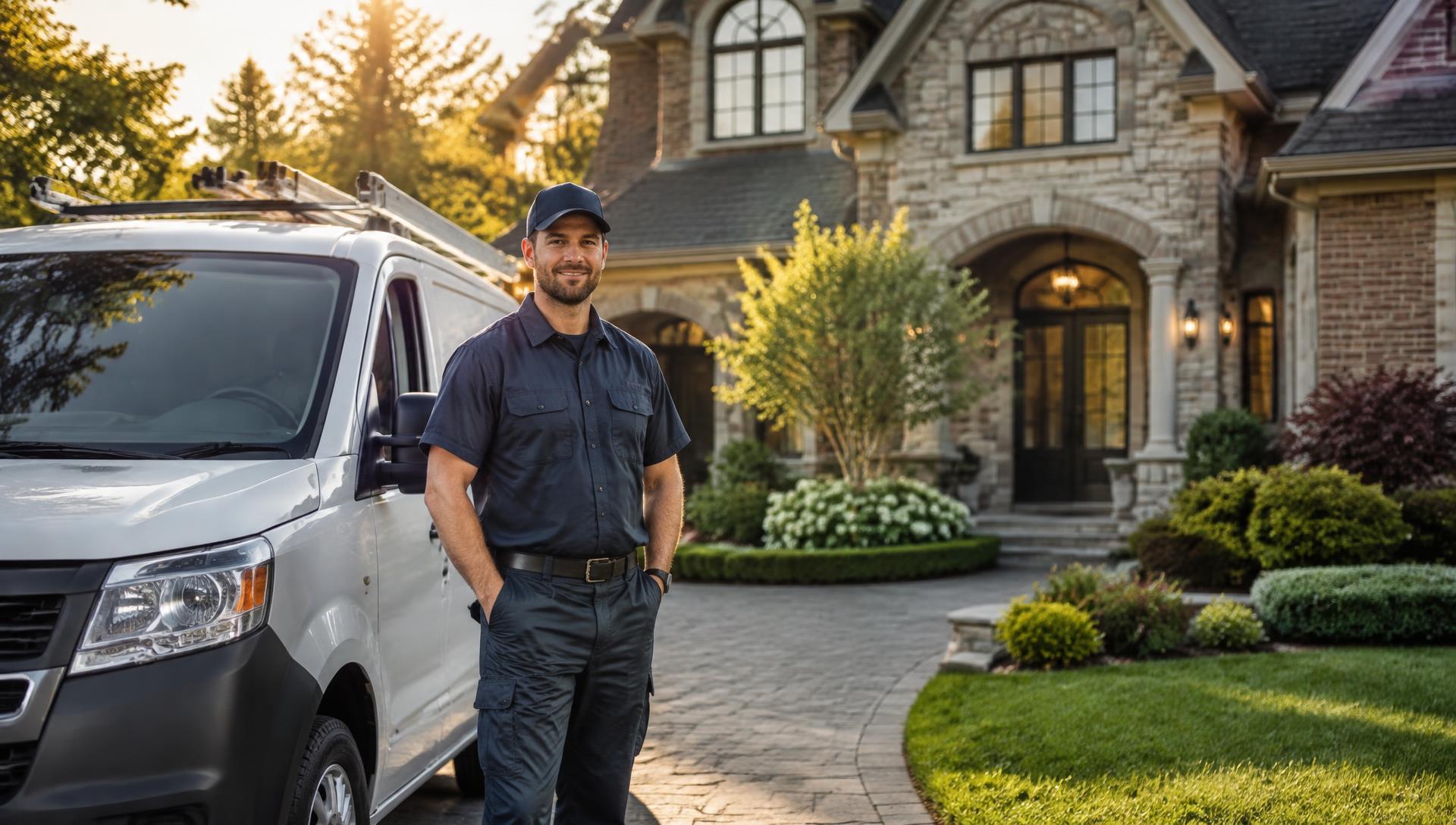 Kirin Air technician beside a service van at an Oakville home