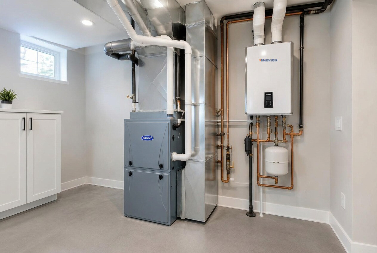 Kirin Air technician installing a furnace in a home basement